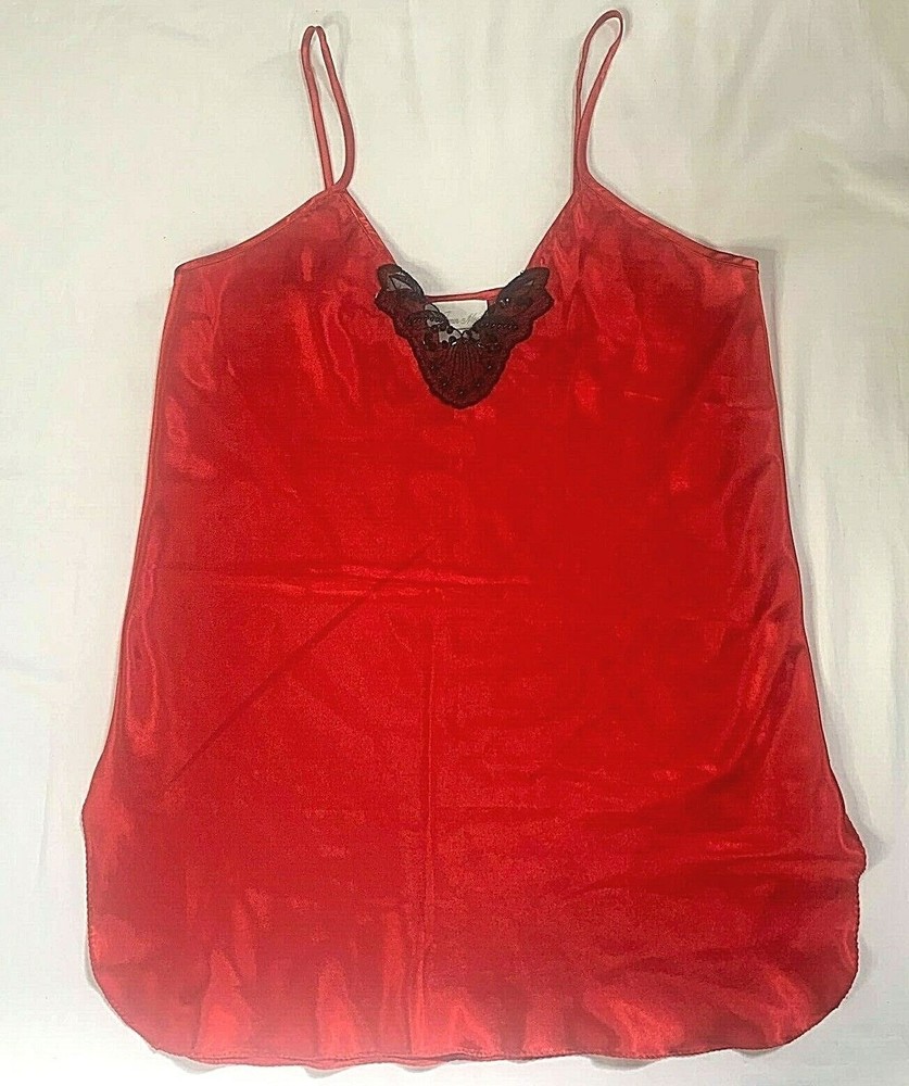 Vintage Inner Most Satin Chemise Negligee Nightgown Red Black Beaded Medium M